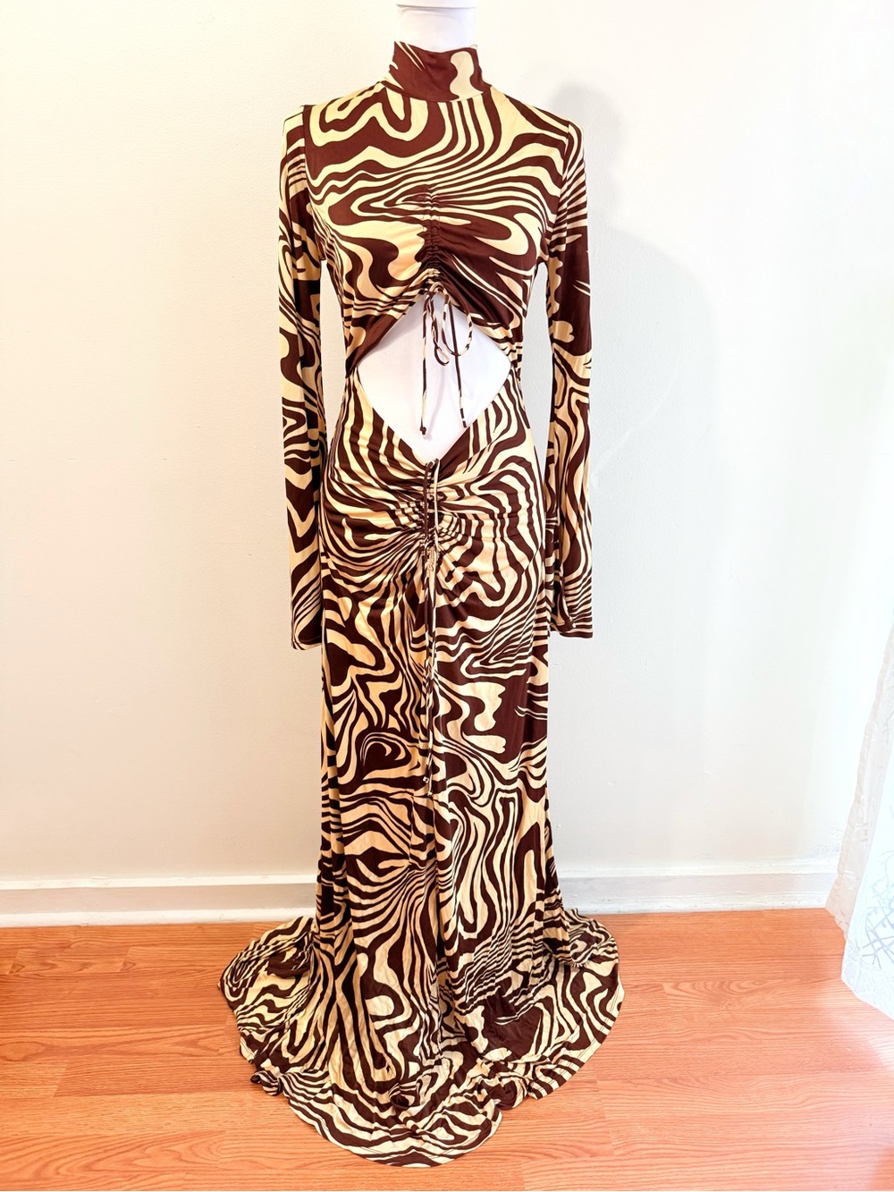 RONNY KOBO CLARA BROWN TAN ZEBRA PRINT FLARE LONG SLEEVE HIGH NECK MAXI DRESS